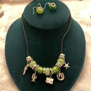 Black Braided Leather Necklace w/Green/Silver Glass Beads & Texas Charms